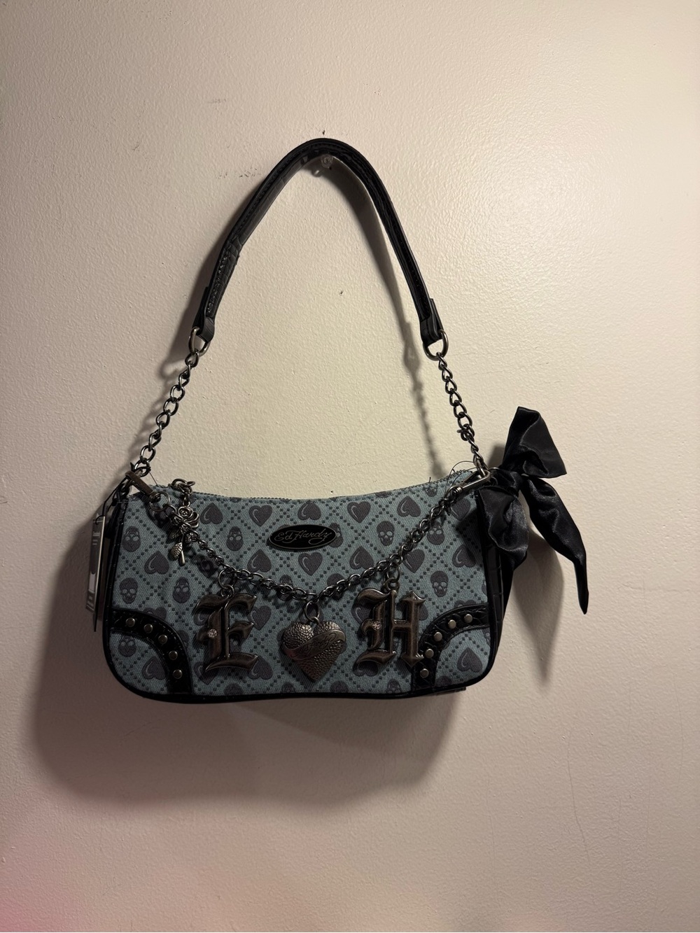 ED HARDY denim Heart skull Tattoo LOGO shoulder Bag